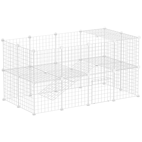 PawHut DIY Haustier-Laufstall Metalldrahtzaun Indoor Outdoor Kaninchen Kleintiere Käfig 36 Paneele Gehege Weiß von PawHut