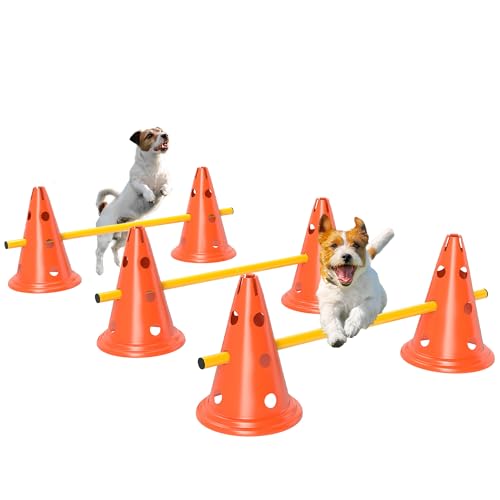 PawHut Dog Agility Equipment Set, Portable Pet Jump Training Kit für acht Kegel, acht Stangen mit Tragetasche, vierteilige einstellbare Höhe Sprunghindernisse, Orange von PawHut