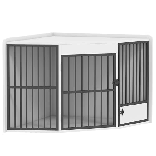 PawHut Eck-Hundekäfig Hundebox für Zuhause, Abschließbare Hundehütte Indoor mit drehbare Fütterungstür Hundehaus für kleine/mittlere Hunde Weiß 113 x 80 x 64 cm von PawHut