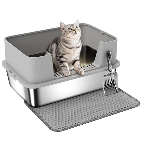 PawHut Edelstahl-Katzenklo, Hochkant-Katzenklo mit Metallschaufel, Katzenstreu-Matte, nimmt keine Gerüche auf, auslaufsicher & leicht zu reinigen, Haustiertoilette für große Katzen, grau von PawHut