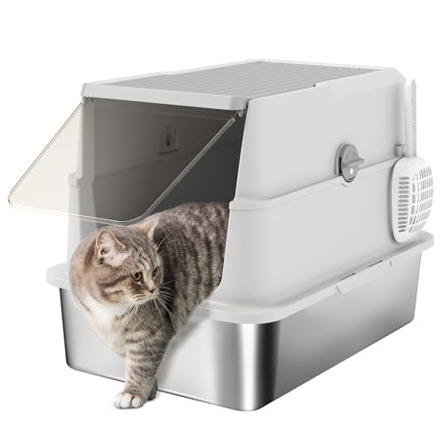 PawHut Edelstahl-Katzentoilette, extra großes, geschlossenes Katzenklo für große Katzen mit Schaufel, Klappdeckel, einfache Reinigung, hellgrau von PawHut