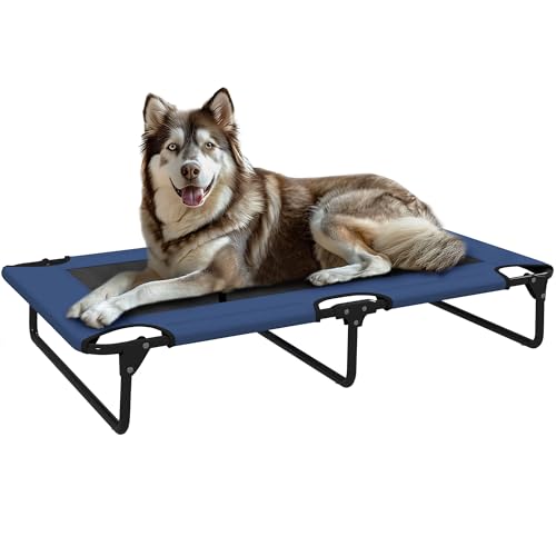 PawHut Erhöhtes Hundebett für Hunde, faltbar, kühlend, Campingbett für Tiere aus atmungsaktivem Netzgewebe, Füße aus Stahl, für drinnen und draußen, 107 x 61 x 20 cm, Dunkelblau von PawHut