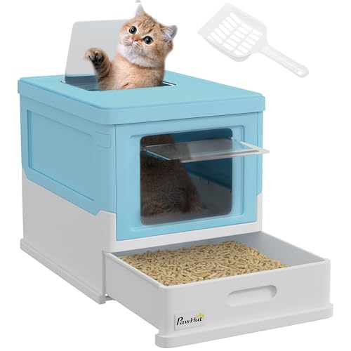PawHut Faltbare Katzentoilette Geschlossene Katzentoilette mit abnehmbarem Deckel Abnehmbare Schale Abnehmbares Dach Falttür und Schaufel 47,5x35,5x36,7 cm Blau und Weiß von PawHut