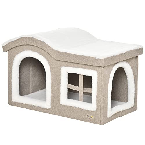 PawHut Faltbares Indoor-Katzenhaus Große Katzenhöhle mit abnehmbarem Bezug, Kissen, 2 Eingängen und Fenster Katzenhocker 63,5x37x40 cm Beige PawHut Faltbares Indoor-Katzenhaus Große Katzenhöhle mit abnehmbarem Bezug, Kissen, 2 Eingängen und Fenster Katzenhocker 63,5x37x40 cm Beige von PawHut