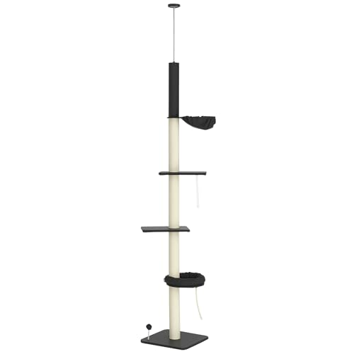 PawHut Floor to Ceiling Cat Tree, 5 Tier Höhe verstellbare Katze Kletterturm mit Kratzbaum, Hängematte, Bett für Indoor-Katzen, 240-270cm, schwarz von PawHut