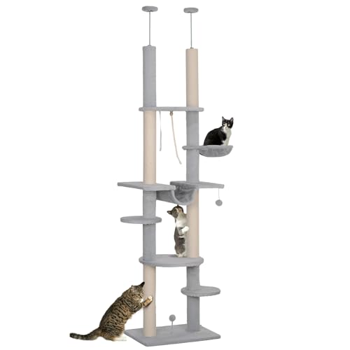 PawHut Floor to Ceiling Cat Tree 225-255 cm Kratzbaum 7 Ebenen Katzenturm mit Hängematte Plattformen Seilspielzeug Grau Ballspielzeug PawHut Floor to Ceiling Cat Tree 225-255 cm Kratzbaum 7 Ebenen Katzenturm mit Hängematte Plattformen Seilspielzeug Grau Ballspielzeug von PawHut