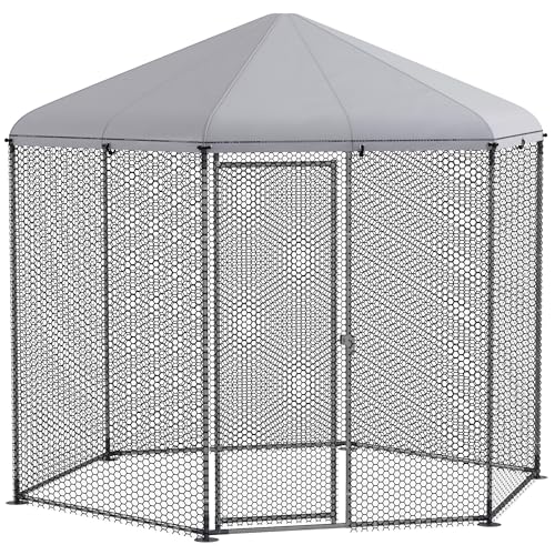 PawHut Freilaufgehege Hühnerstall Zwinger Voliere sechseckig außen 5 m² - Gitterpark ABM. 2,8L x 2,45l x 2,46H - überdachter Bereich - verzinkter Stahl - 5/8 Hühner von PawHut