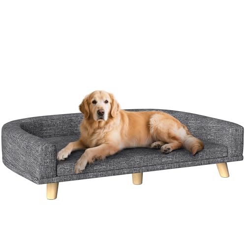 PawHut Großes Hundesofa, 98x67x25 cm, gepolstertes Hochbett mit waschbarem Kissen und Kiefernholzbeinen, Belastbarkeit 40 kg, dunkelgrau von PawHut