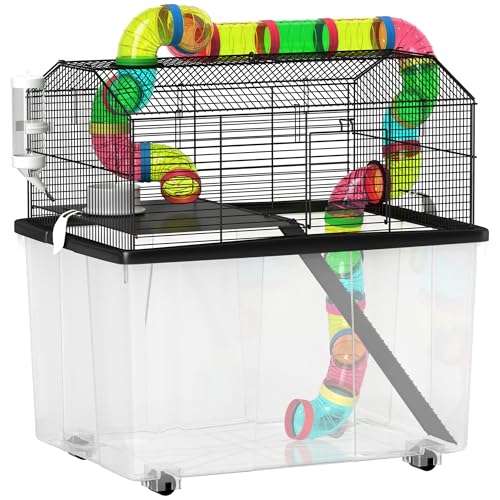 PawHut Hamsterkäfig, 2-stöckiger Gerbil-Käfig mit 31cm tiefer Wanne, Röhrensystem, Wasserflasche, Rampe, Futternapf, 58 x 43 x 57cm, mehrfarbig von PawHut