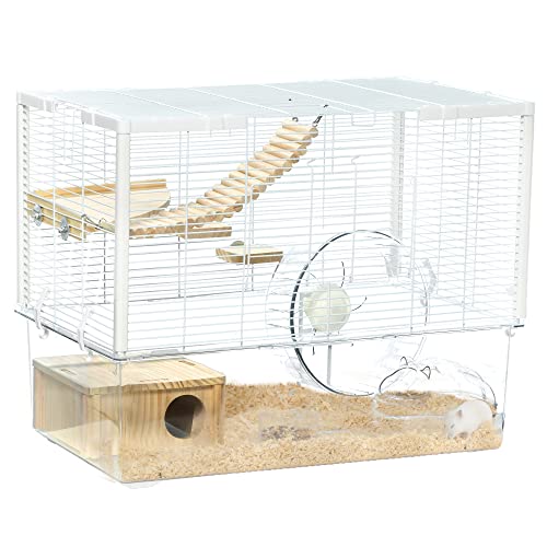 PawHut Hamsterkäfig, Gerbilkäfig mit tiefem Boden, Streubereich, Holzrampe, Plattformen, Hütte, Laufrad, für kleine Nager, 59 x 35,5 x 47cm von PawHut