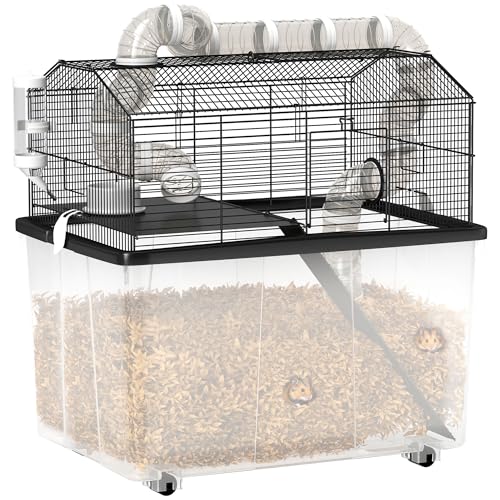 PawHut Hamsterkäfig, Hamsterkäfig mit Rampe, Futternapf, Wasserflasche, Schlauchsystem, 58 x 43 x 57 cm, schwarz von PawHut