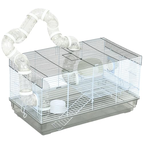 PawHut Käfig für Hamster und Nagetiere mit Tunnel, Zubehör, Griff, Stahldraht, 58 x 32 x 31 cm, Grau von PawHut