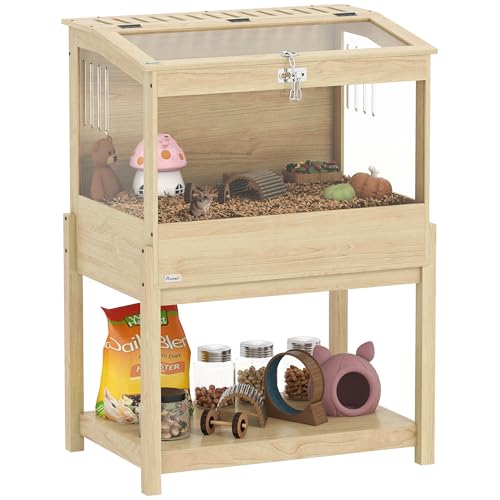 PawHut Hamsterkäfig 2 Etagen Nagerkäfig Kleintierkäfig mit klappbarem Deckel, groß Kleintierstall Käfig für Hamster Zwerghamster 83,2 x 50 x 103 cm Naturholz von PawHut