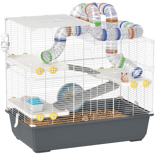 PawHut Hamsterkäfig 4 Etagen Nagerkäfig Kleintierkäfig mit Laufrad Futternapf Tunnel Hütte Obertür, Kleintierstall Käfig für Hamster Syrischer Hamster 78 x 45 x 73 cm, Grau von PawHut