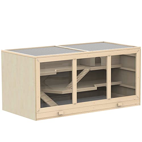 PawHut Hamsterkäfig Nagerkäfig Kleintierstall aus Holz Mäusekäfig mit Treppen Kleintierkäfig Nagervilla Dreistöckig PVC Naturholz 115 x 57 x 55 cm von PawHut