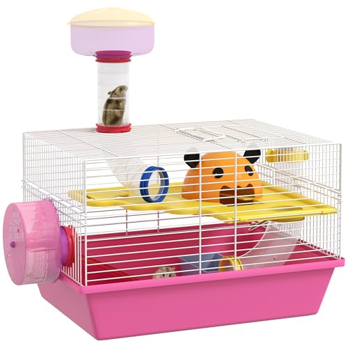 PawHut Hamsterkäfig Ratte Nagetier mit Plattform, Wasserflasche, Laufrad, Häuschen, 34 x 27 x 25 cm, pink von PawHut