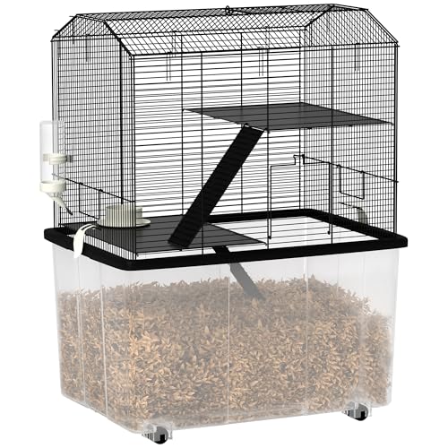 PawHut Hamsterkäfig Rennmäuse Käfig 3 Etagen mit Rädern Tiefer Boden Rampen Futterschale Wasserflasche für Zwerghamster Syrischer Hamster 58 x 43 x 74 cm - Schwarz von PawHut