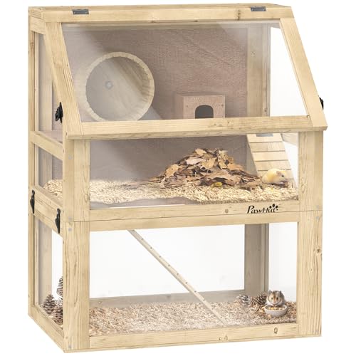 PawHut Hamsterkäfig aus Holz, 3 Etagen, Rennmauskäfig mit abnehmbarem 32 cm tiefem Boden, Hütte, Wippe, Laufrad, Rampen, 60 x 40 x 75 cm, Naturholz-Finish von PawHut