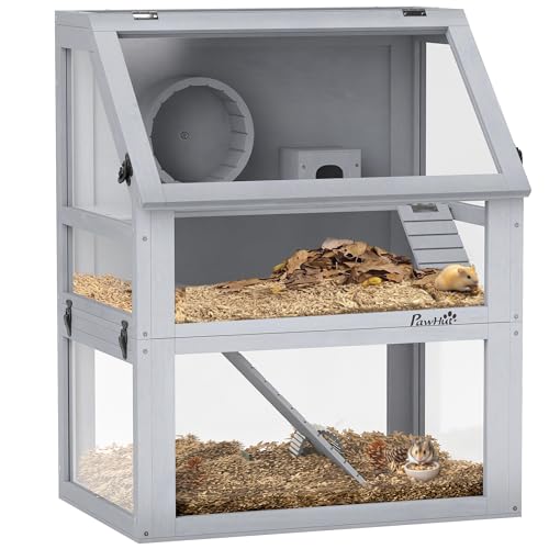 PawHut Hamsterkäfig aus Holz, 3 Etagen, Rennmauskäfig mit abnehmbarem 32 cm tiefem Boden, Hütte, Wippe, Laufrad, Rampen, Hellgrau von PawHut