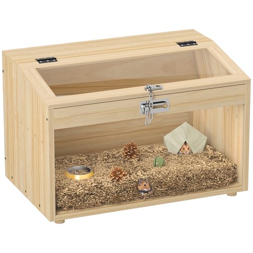 PawHut Hamsterkäfig aus Holz, Mäusekäfig mit aufklappbarem Deckel, Acrylfenster und Belüftungslöchern für Zwerghamster und Wüstenrennmäuse, 55 x 35 x 35 cm, Naturholzeffekt von PawHut