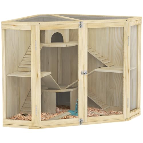 PawHut Hamsterkäfig aus Holz, Nagerkäfig mit 4 Ebenen, Hütten, Wippe, Kleintierstall mit Fütterungsstation, Rampe, Kleintierkäfig Mäusekäfig für Zwerg- und Syrische Hamster, 115 x 69,5 x 79 cm von PawHut