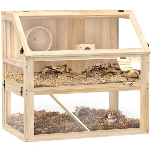 PawHut Hamsterkäfig aus Holz 3 Etagen Nagarium Nagerkäfig Kleintierkäfig mit klappbarem Deckel Laufrad und Zubehör, Kleintierstall Holzkäfig Käfig für Hamster Zwerghamster 80 x 50 x 76 cm Naturholz von PawHut