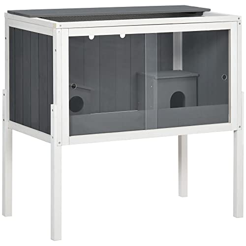 PawHut Hamsterkäfig aus Holz Nagerkäfig mit 2 Hütten und Zubehör, Mäusekäfig groß Kleintierkäfig Käfig für Zwerghamster 82 x 45 x 81 cm Grau von PawHut