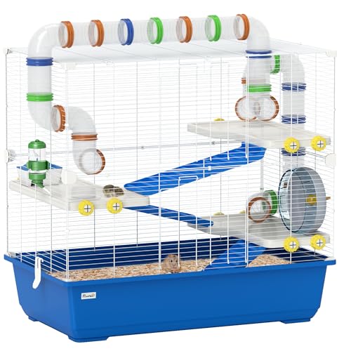 PawHut Hamsterkäfig für Zwerghamster 4 Etagen Kleintierkäfig mit Laufrad Nagerkäfig mit Futternapf Zubehör, groß Käfig Mäusekäfig 78 x 45 x 73 cm Blau von PawHut