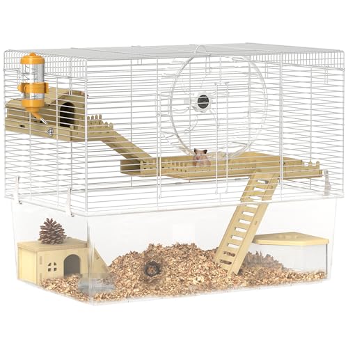 PawHut Hamsterkäfig mit 3 Ebenen, Nagetierkäfig mit Laufrad, tiefe transparente Platte, Hütten, Rampen, Wasserflasche, Futternapf, Sandkasten, 59 x 35,5 x 47 cm, Weiß von PawHut