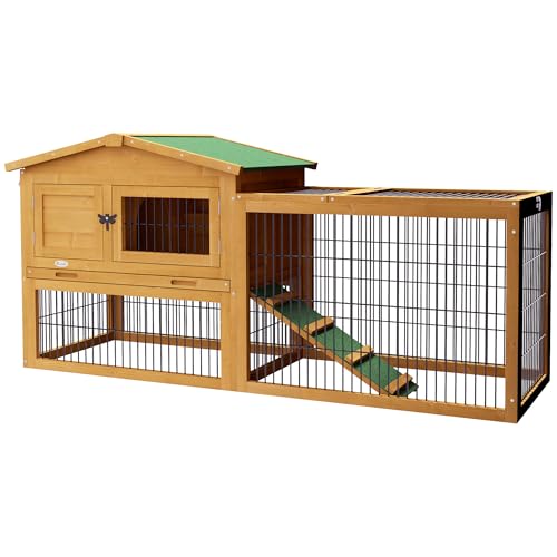 PawHut Hasenstall 2 Ebenen Kaninchenstall aus Tannenholz Winterfest Doppelstockhaus mit Freilaufgehege Rampe 150x52x68 cm Kaninchenkäfig Outdoor Kleintierstall für Hasen Kaninchen Meerschweinchen Gelb von PawHut