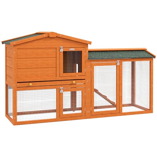 PawHut Hasenstall 2 Ebenen Kaninchenstall aus Tannenholz Winterfest Doppelstockhaus mit Freilaufgehege Wanne Rampe 150x45x85 cm Kaninchenkäfig Outdoor Kleintierstall für Hasen Meerschweinchen Orange von PawHut