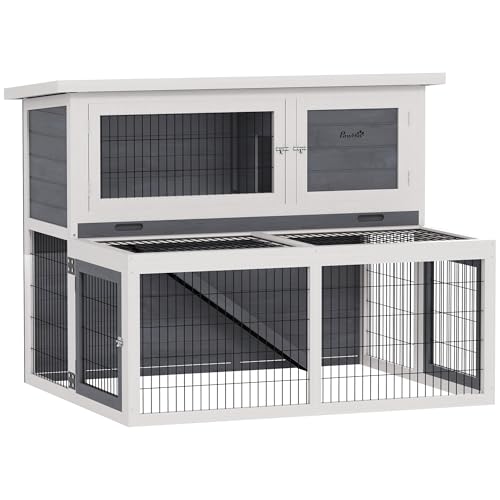 PawHut Hasenstall 2 Ebenen mit klappbar Dach Kaninchenstall aus Vollholz Winterfest Doppelstockhaus mit Freilaufgehege 122x95x93,5 cm Kaninchenkäfig Outdoor Kleintierstall für Hasen Kaninchen Grau von PawHut