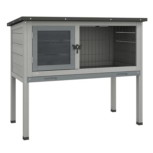 PawHut Hasenstall Kaninchenstall mit aufklappbar Dach Winterfest Hasenkäfig aus Tannenholz Outdoor Kleintierstall Kaninchenkäfig für Kaninchen Hasen Meerschweinchen 84x43x70 cm Grau von PawHut