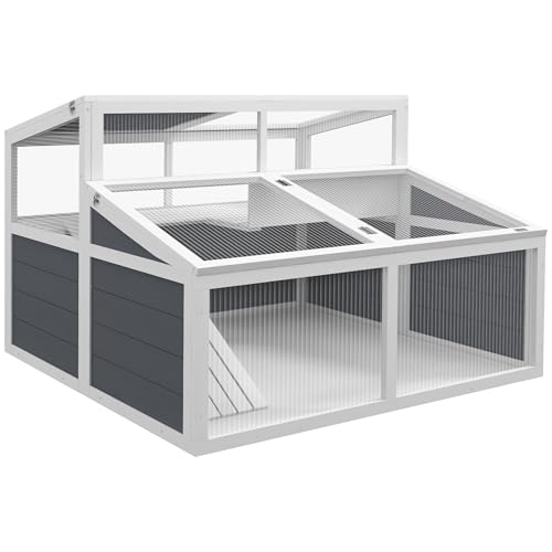 PawHut Haus Gehege Käfig für Kleintiere Schildkröte mit 2 Räumen Polycarbonat-Dach, 3 Türen, Rampe, 115 x 115 x 82 cm - grau von PawHut