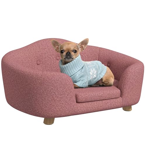 PawHut Haustiersofa Hundematte Hundebett Hundesofa Hundecouch Katzen Sofa mit Kissen Rückentasche Plüsch Schaumstoff Kiefernholz Rosa 70 x 47 x 30 cm von PawHut