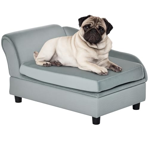 PawHut Haustiersofa mit Matte, Hundebett, Hundematte, Hundesofa mit Lagerraum, Naturholz+Plüsch, Hellgrau, 76 x 45 x 43 cm von PawHut