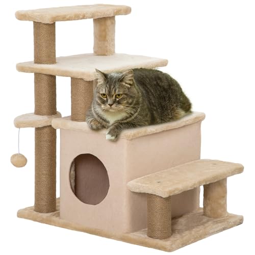 PawHut Hundetreppe 3/4 Stufen 66 cm Hoch Haustiertreppe mit Schlafhöhle, Rampe, Sipielball, Katzentreppe für mittelgroße Katze Hunderampe Einstiegshilfe für Bett, Sofa, Couch, Beige von PawHut