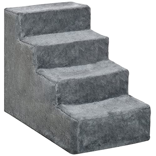 PawHut Haustiertreppe 4-stufige Hunderampe mit Abnehmbarer Bezug Katzentreppe Hundetreppe Tiertreppe Plüsch Grau 60 x 35 x 44 cm von PawHut