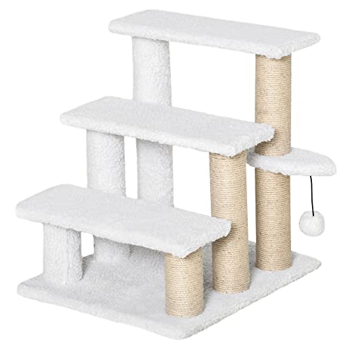 PawHut Haustiertreppe mit Kratzbaum Ball 3-stufige Katzentreppe Hundetreppe Tiertreppe Spanplatte Plüsch Jute Weiß 45 x 40 x 48 cm von PawHut