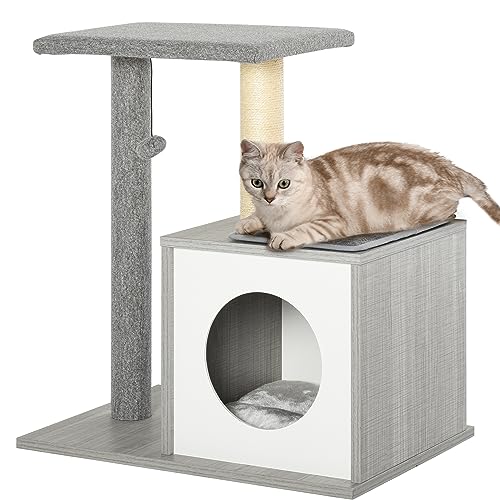 PawHut Holz Kratzbaum Katzenbaum Kletterbaum für Katzen, Kätzchen Möbel mit Katzenhöhle, Spielhaus, Katzenspielzeug und Plüschkissen Grau&Weiß 59x39x62 cm PawHut Holz Kratzbaum Katzenbaum Kletterbaum für Katzen, Kätzchen Möbel mit Katzenhöhle, Spielhaus, Katzenspielzeug und Plüschkissen Grau&Weiß 59x39x62 cm von PawHut