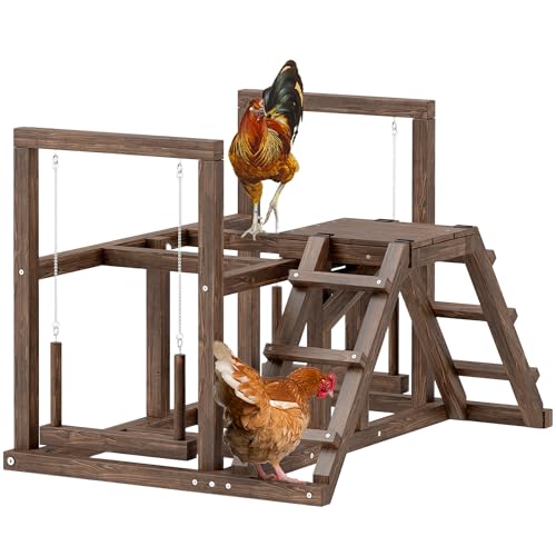 PawHut Hühner-Spielgerüst aus Holz, Spielplatz für Hühner mit Hühnerstangen, Schaukel, Leiter, Plattformen Hühner-Klettergerüst für 3 Hühner Braun von PawHut