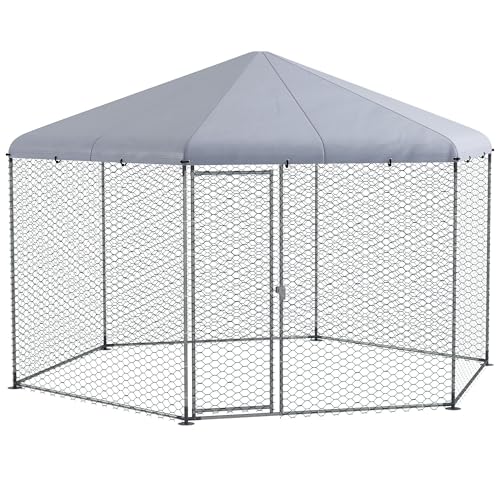 PawHut Freilaufgehege Hühnerstall 400 x 346 x 263 cm aus Stahl, Hühnerkäfig mit Abdeckung, Tür, Hühnergehege für 10-15 Hühner, Kleintiere & Pflanzen Silber von PawHut
