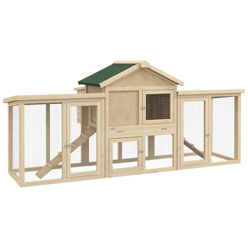 PawHut Hühnerstall Kaninchenstall Chaletmodell Multi-Ausstattung: Geländer, Nistkästen, Sitzstangen, Kotplatte, Fenster, Türen aus Massivholz von PawHut