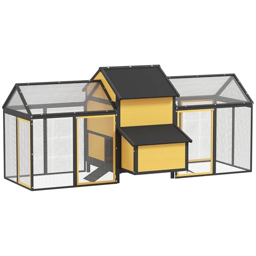PawHut Hühnerstall aus Holz, Geflügelstall mit Nistkasten, Doppel-Laufstall mit Tablett, Gehege mit Rampe, Hühnerhaus für Hühner, 247 x 125 x 113,5 cm, Gelb von PawHut