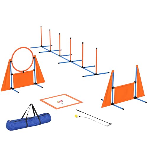 PawHut Hunde-Agility-Ausrüstung, 7-teiliges Haustier-Agility-Trainings-Set mit Flechtstangen, Sprungring, Hürde, Pausenbox, Tasche, Hindernis-Trainingskurs-Set, Orange von PawHut