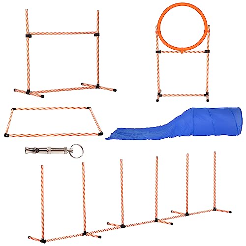 PawHut Hunde Agility Set 5-teiliges Hundetrainigsset Agility-Ausrüstung für Hundetraining, Steckhürdenset mit Hundetunnel, Slalomstangen, höhenverstellbar Hürden Trainingszubehör für Spiele Training von PawHut