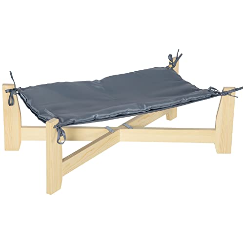PawHut Hundebett Hundeliege mit Kissen Haustierbett erhöhtes Design Hundeschlafplatz für drinnen und draußen Kiefernholz 72 x 40 x 25 cm Natur+Hellgrau von PawHut