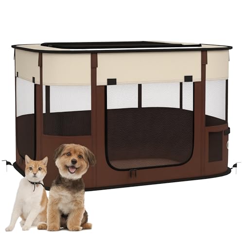PawHut Hundegehege, Haustier-Laufstall, tragbarer Faltbarer Hundekatzenlaufstall, weicher Hundekäfig mit Aufbewahrungstasche für Welpen, Kaninchen, Kätzchen, Meerschweinchen, 84 x 64 x 53 cm, Braun von PawHut