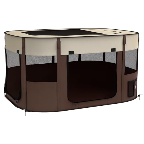 PawHut Hundegehege, Haustier-Laufstall, tragbarer faltbarer Hundekatzenlaufstall mit Aufbewahrungstasche für Welpen, Kaninchen, Kätzchen, Meerschweinchen, 114 x 89 x 59 cm, Braun von PawHut
