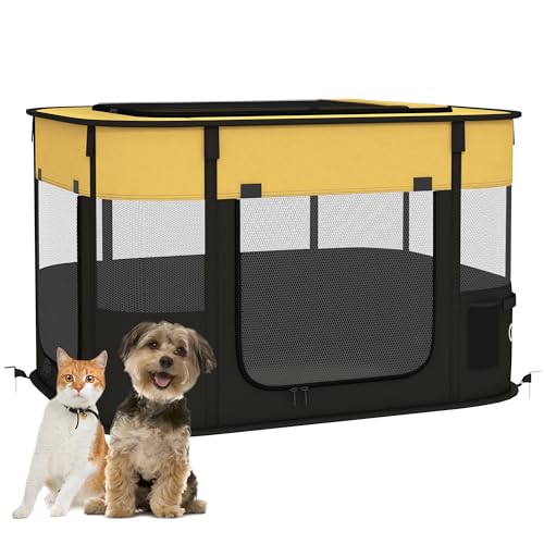 PawHut Hundegehege, Haustier-Laufstall, tragbarer faltbarer Hundekatzenlaufstall mit Aufbewahrungstasche für Welpen, Kaninchen, Kätzchen, Meerschweinchen, 84 x 64 x 53 cm, Gelb von PawHut